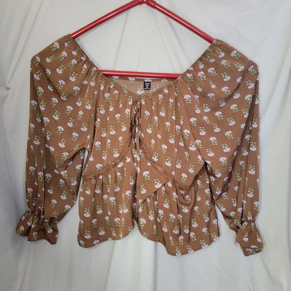 SHEIN 4XL Brown Floral Peasant Blouse Boho Puff Sleeve Tie Front Cottagecore NWT